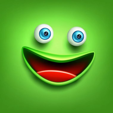 Vektör komik yeşil yüz, surat emoji gülümseyen