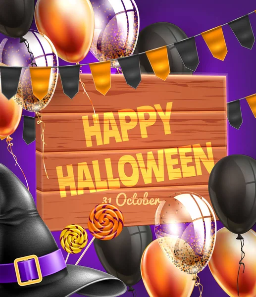 Vetor feliz halloween cartaz chapéu de bruxa, vassoura —  Vetores de Stock