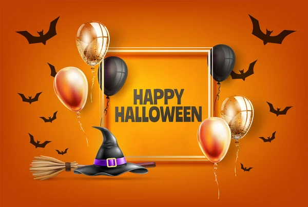 Manifesto vettoriale di Halloween cappello da strega, scopa palloncino — Vettoriale Stock