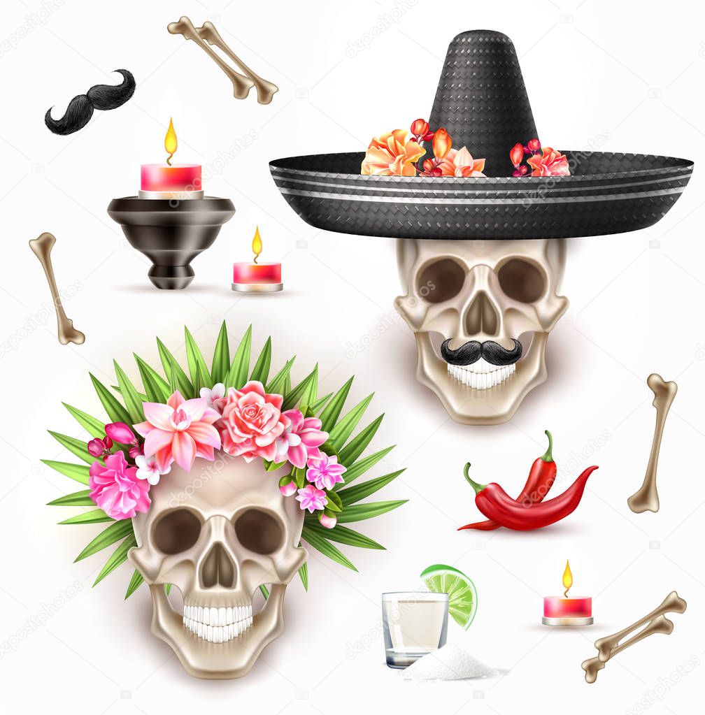 Vector dia de los muertos day of dead skull flower