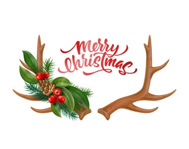 Neşeli Noel yazı boynuz yay holly vektör