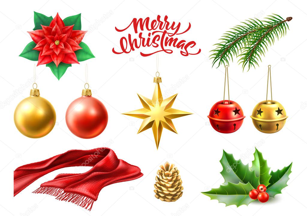 Vector merry christmas realistic symbols, toys set