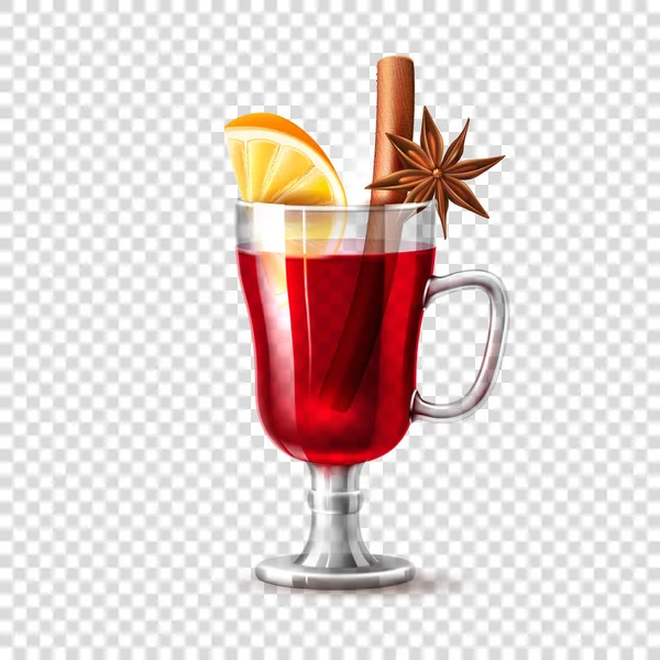 Vector realistic mulled wine glass orange anise — Stock Vector
