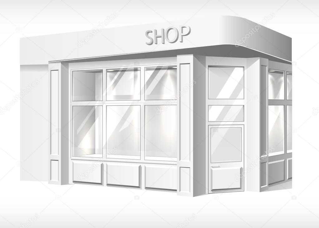 Store front exterior mockup. Realistic stand booth, shop, boutique forepart template for presentation. Trading outlet kiosk with glass window, exhibition and product display. Vector illustration
