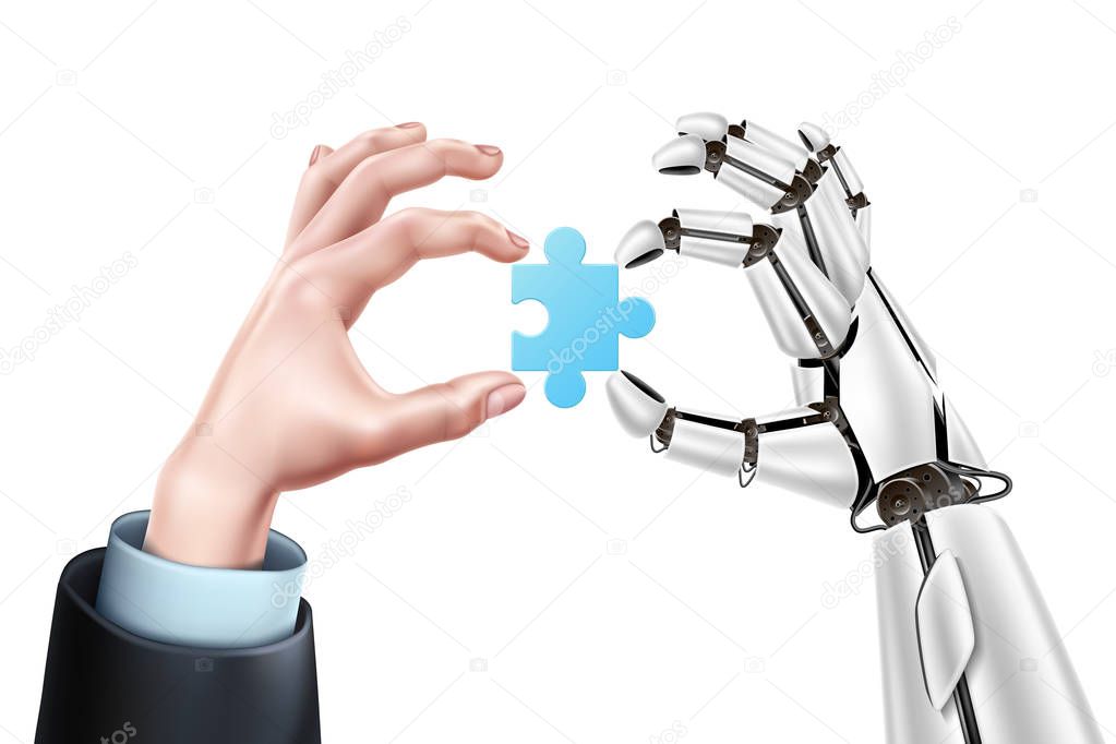 Vector robot business man hands with puzzle