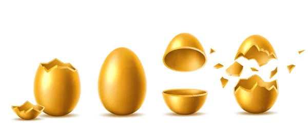 Vektor 3d goldene Eier mit gebrochener Eierschale Set — Stockvektor