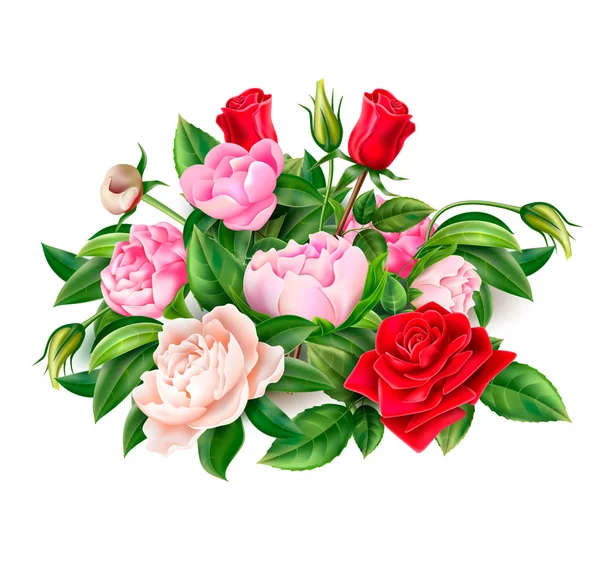 Vector realista rosa roja peonía elegante ramo — Vector de stock
