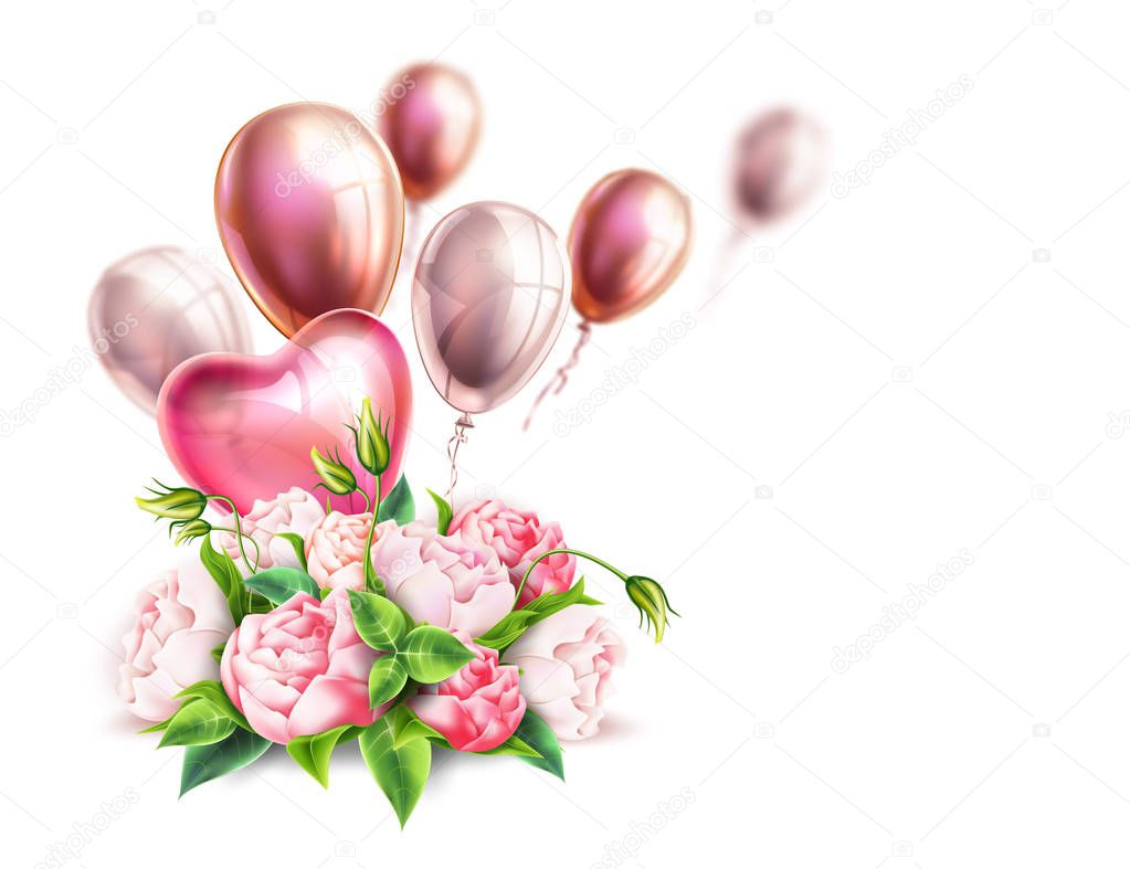 Vector 3d realistic pink peony elegant bouquet
