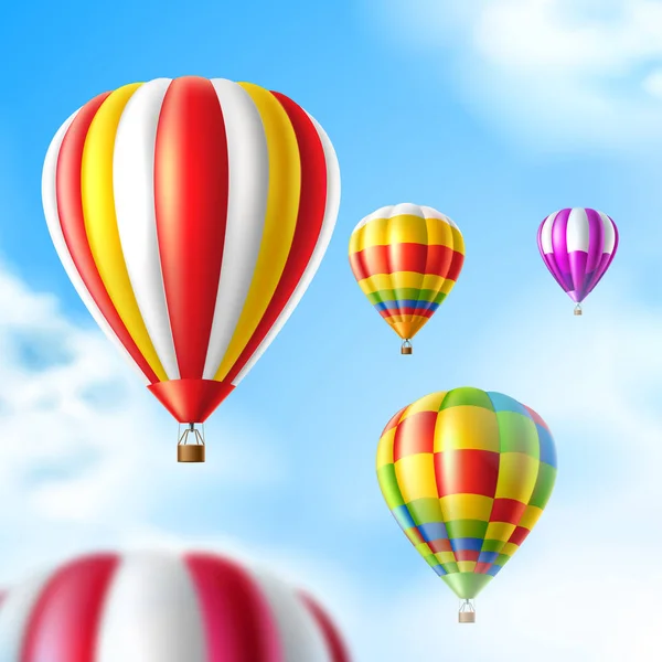 Vetor balões de ar quente no fundo azul céu — Vetor de Stock