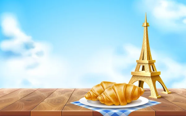 Torre Vector eiffel croissant francês em conjunto prato — Vetor de Stock