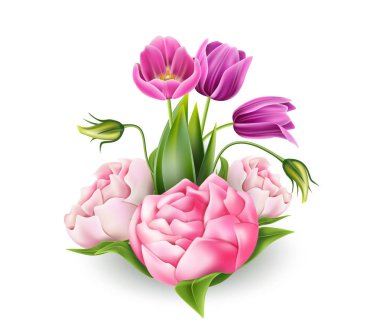 Gerçekçi Şakayık, Lale çiçek buketi. Zarif Sevgililer günü, Dünya Kadınlar Günü tatil dekorasyon. Vektör düğün, evlilik davetiye kartı nesneleri. Aşk güzel vintage çiçek işareti