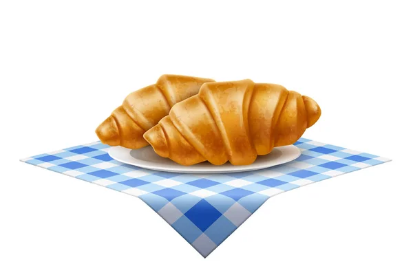 Vector 3d Franse croissant schotel in blauw tafelkleed — Stockvector