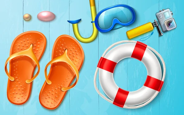 Vector verão mar férias snorkel câmera flops —  Vetores de Stock