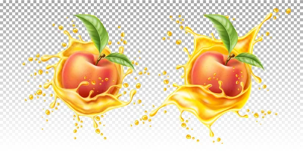 Hoja de melocotón realista vectorial en salpicadura de jugo — Vector de stock