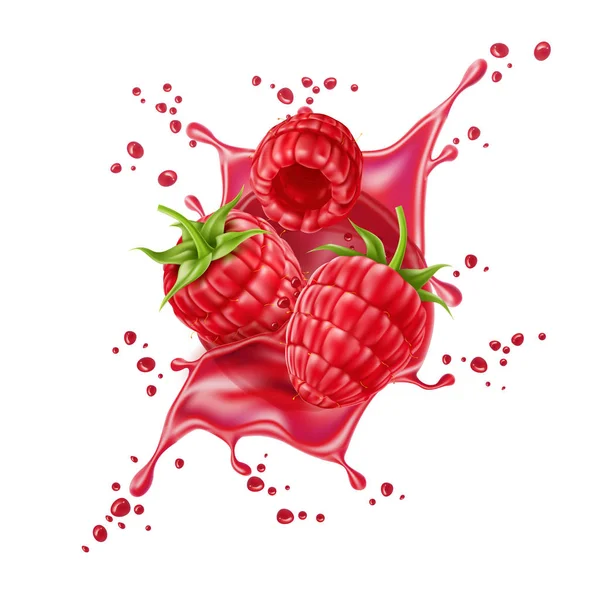Vektor realistik raspberry splash flow dengan berry - Stok Vektor