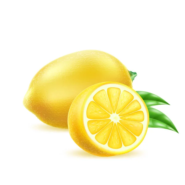 Vektor realistische gelbe Zitronenfrucht mit Blatt — Stockvektor
