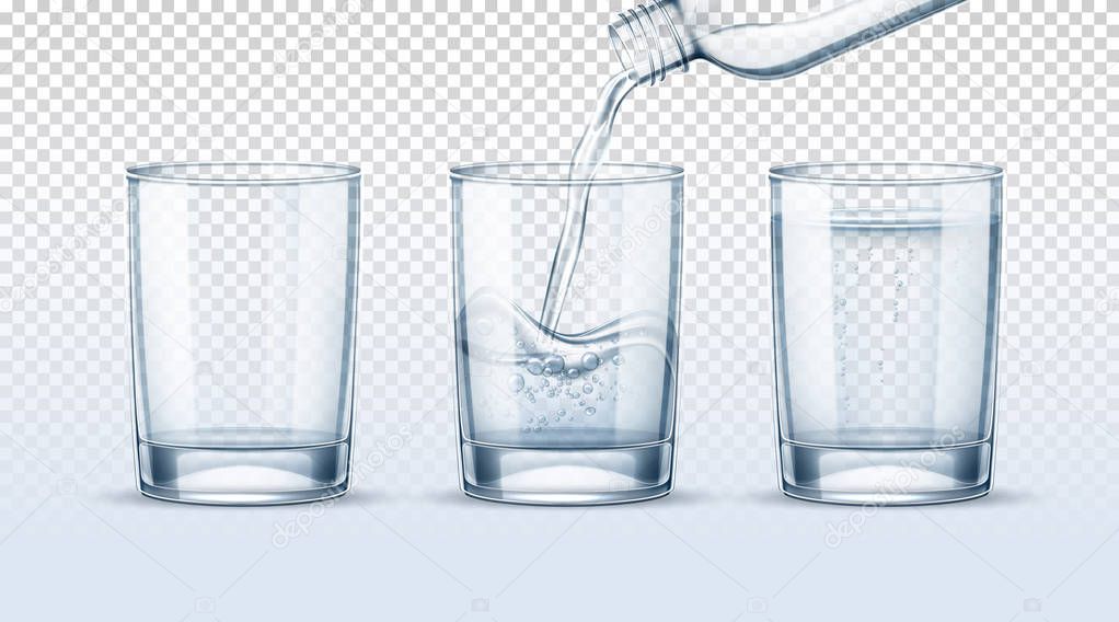 Vector pure water pouring into realistic glass cup