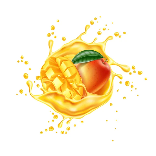 Vector realista mango hoja rebanada jugo salpicadura — Vector de stock