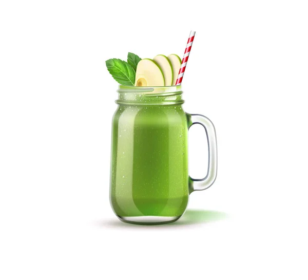 Vetor smoothie verde em frasco de pedreiro com palha —  Vetores de Stock