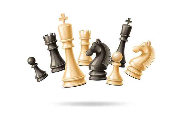 Векторный реалистичный 3d шахматный набор черно-белых фигур
