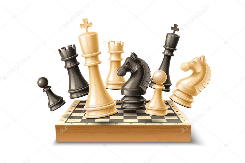 Vector realistic 3d chess pieces chessboard set