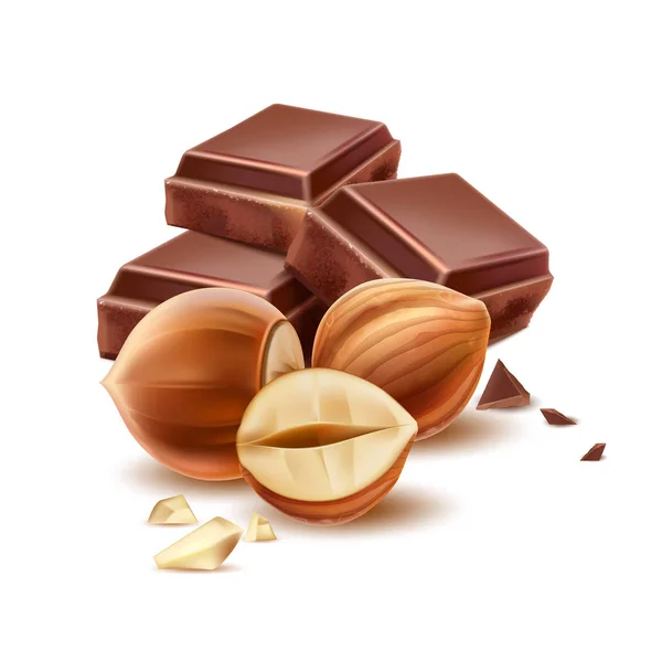 Vector realistic chocolate piece with 3d hazelnut — Stock Vector