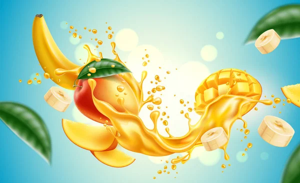 Vector realista mango banana slice juice splash — Archivo Imágenes Vectoriales