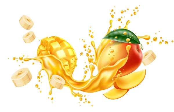 Vektör gerçekçi mango muz dilim suyu sıçrama — Stok Vektör