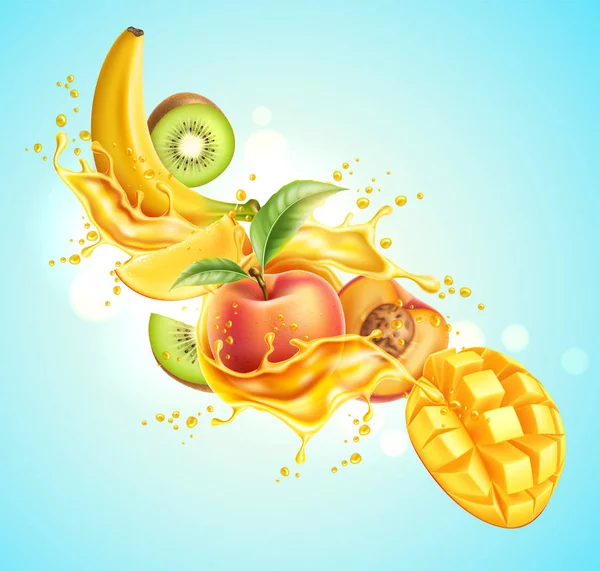 Vector realista de frutas tropicales en la explosión jugosa — Vector de stock