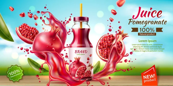 Vector realistic pomegranate juice bottle splash a — Stock Vector