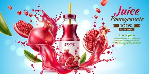 Vector realistic pomegranate juice bottle splash a — Stock Vector