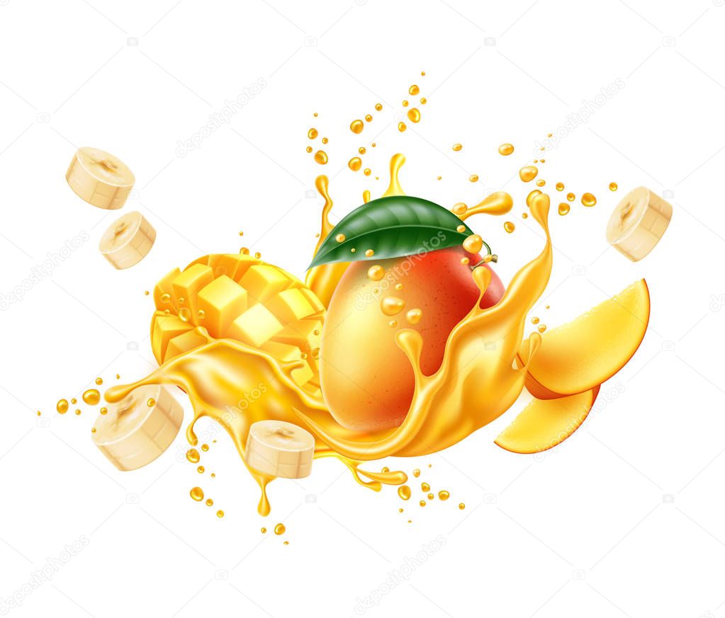 Vector realistic mango banana slice juice splash