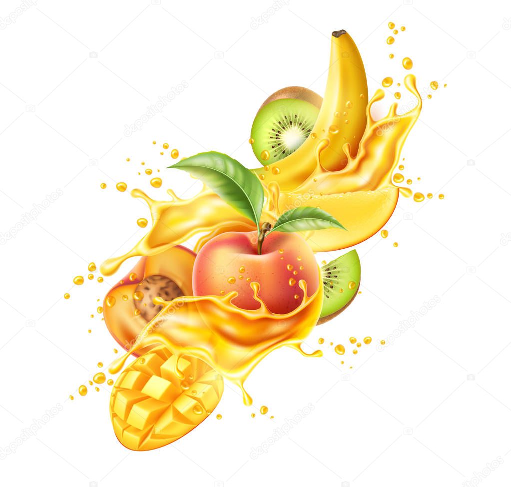 Vector realistic tropical fruit in juicy explosion