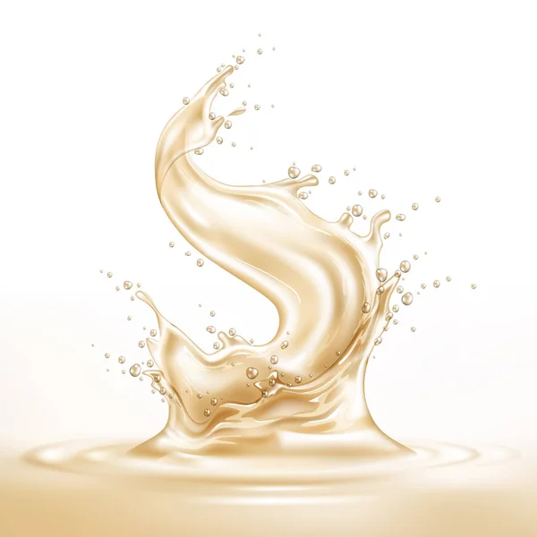 Vector vanilla splash with drops realistic flow — Stock Vector
