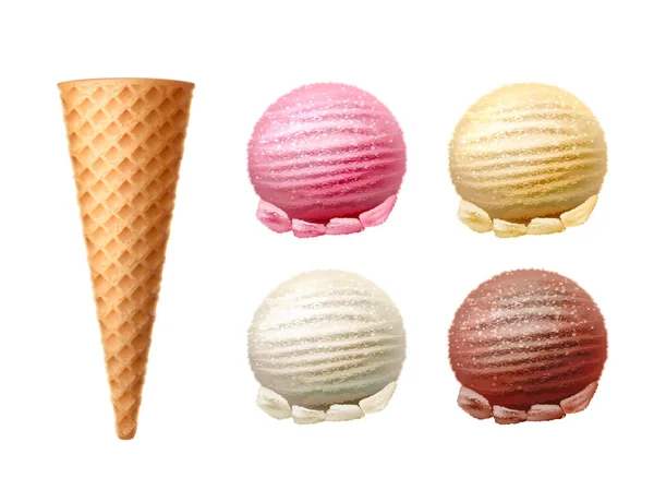 Vector realistic waffle cone ice cream scoop set — Stock Vector