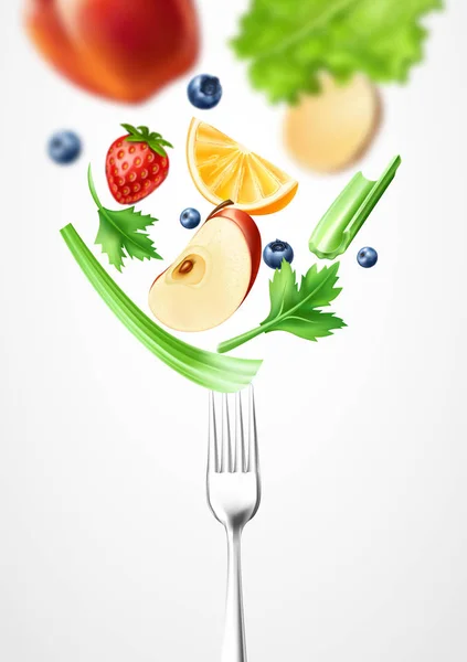 Vetor comida saudável 3d vegetal em garfo de prata — Vetor de Stock