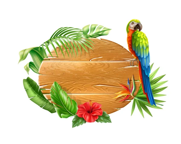 Vector tropical flower leaves wood sign parrot — Stock Vector