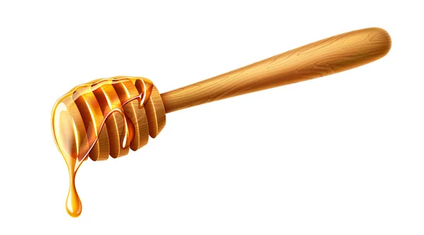Vector realista miel goteo de madera dipper — Vector de stock