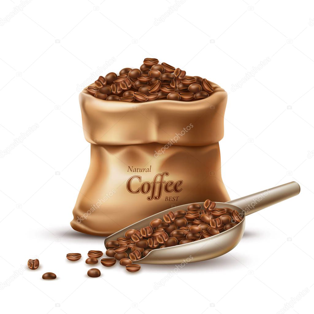 Vector realistic coffee sack with scoop and beans