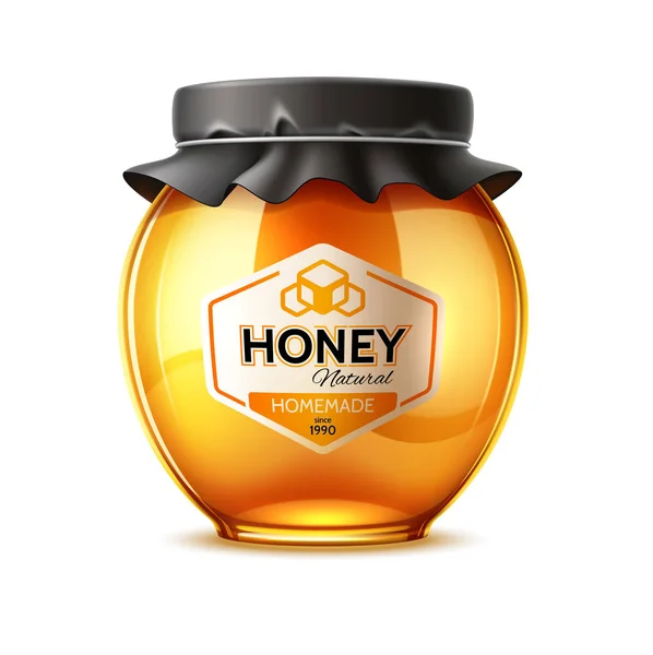 Vector delicioso tarro de miel y vidrio con tapa — Vector de stock