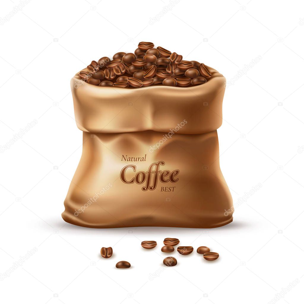 Vector realistic coffee sack with scoop and beans