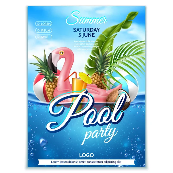 Vector summer pool party tropical leaf flamingo — Stock Vector