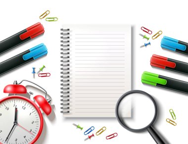 Vektör gerçekçi okul tedarik posteri 3d dizüstü