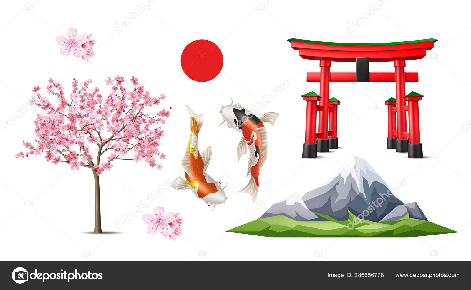 矢量日本托里门樱花鲤鱼图库矢量图©IrinaBelokrylova 285656778, image size:1600x988