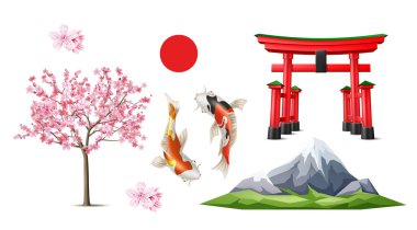Vektör japon Torii kapısı sakura koi sazan