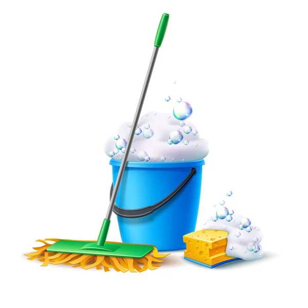 Vector realistic mop sponge bucket with soapy foam — Stock Vector