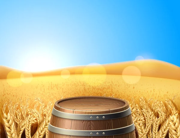 Vector realistic wooden keg barrel on wheat field — Stock Vector
