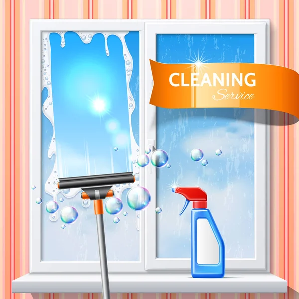 Vector window cleaning squeege 3d detergent spray — Stock Vector