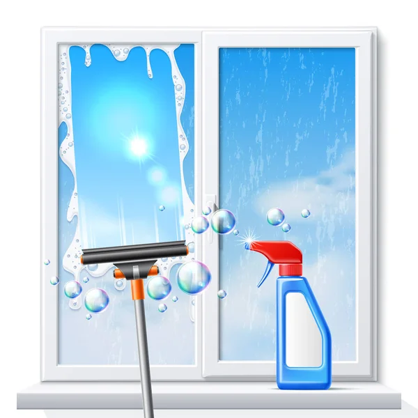 Vektor ablak tisztítás squeege 3D mosószeres spray — Stock Vector