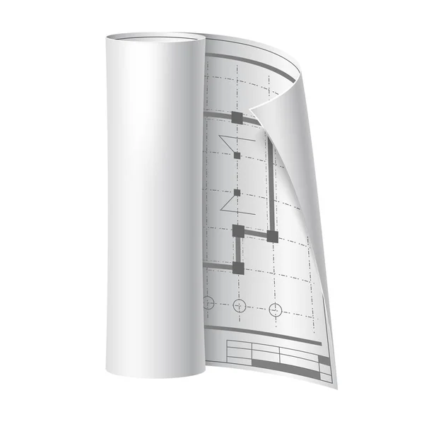 矢量 3D 工程师绘制滚动纸蓝图 — 图库矢量图片